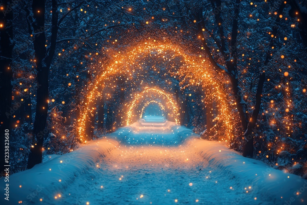 Fototapeta premium Enchanted winter pathway illuminated by glowing arches in a snowy forest.