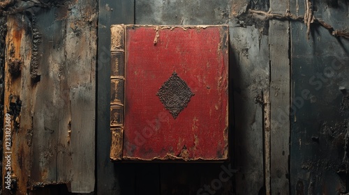 An ancient book with a weathered red cover rests on a dark background of burnt wood. The image evokes a sense of history and mystery.