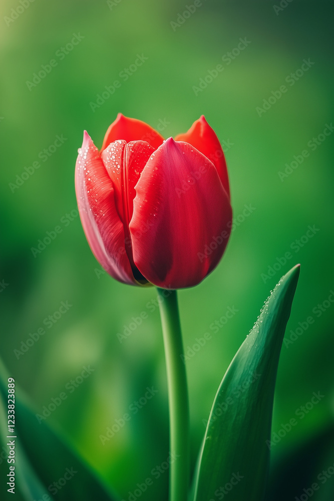 Fototapeta premium Blooming red tulip with green background