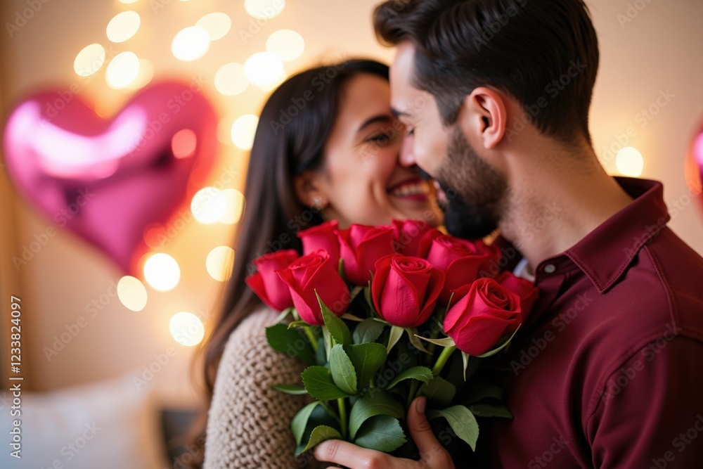 Romantic Couple Embracing in a Cozy Setting Surrounded by Heart Balloons and Roses, Celebrating Love and Togetherness During a Special Occasion Romantic Couple Embracing in a Cozy Setting Surrounded by Heart Balloons and Roses, Celebrating Love and Togetherness During a Special Occasion