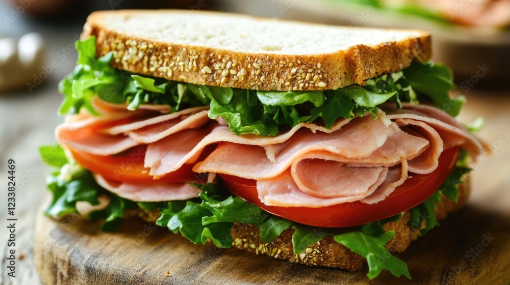 Ham and Vegetable Sandwich on Multigrain Bread with Fresh Lettuce and Tomatoes Ham and Vegetable Sandwich on Multigrain Bread with Fresh Lettuce and Tomatoes