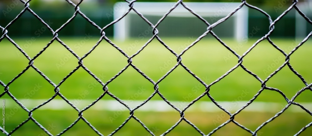 Soccer field viewed through a chain-link fence with focus on the net and grass Copy Space Soccer field viewed through a chain-link fence with focus on the net and grass Copy Space