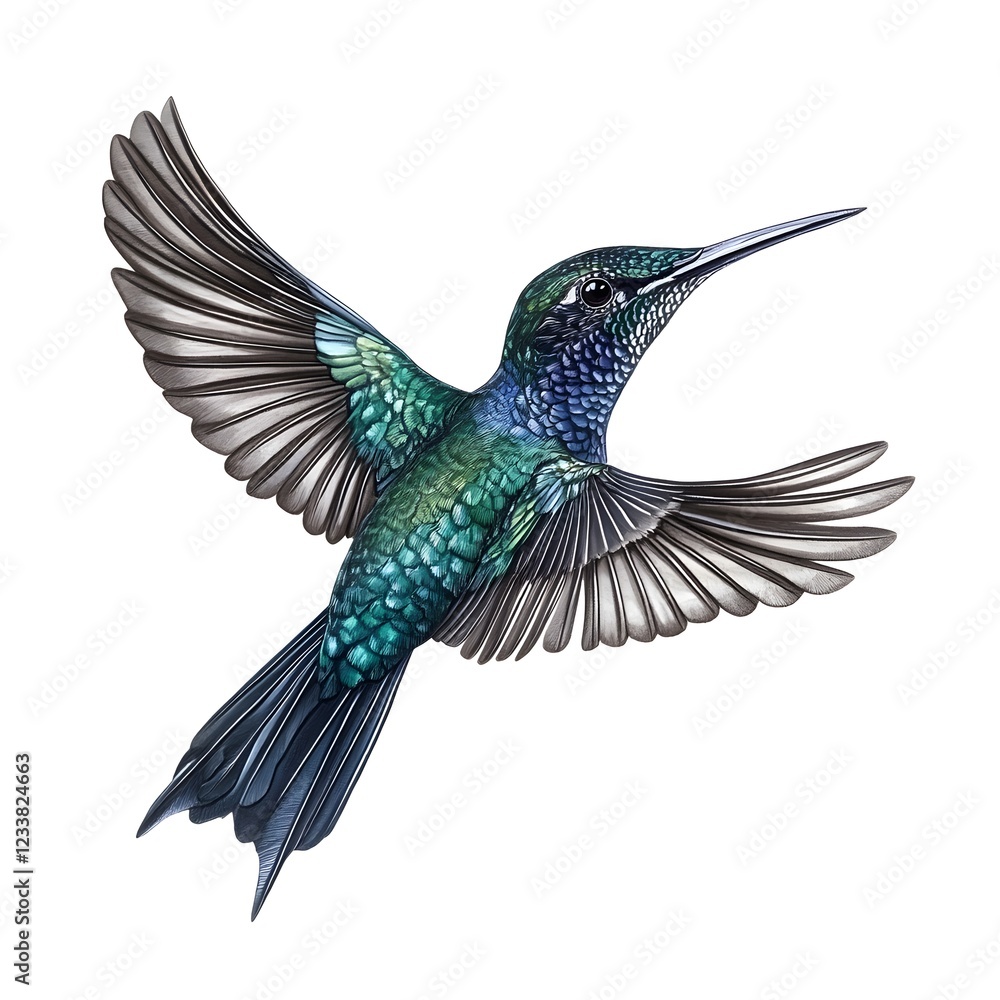 Obraz premium Realistic, colorful bird in flight against a white background. 