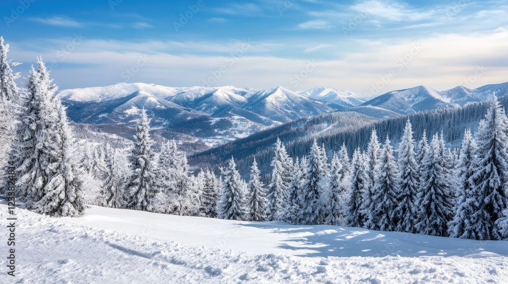 Breathtaking Winter Scene with Snow-Covered Mountains and Lush Evergreen Trees against a Clear Blue Sky for Text Overlay Breathtaking Winter Scene with Snow-Covered Mountains and Lush Evergreen Trees against a Clear Blue Sky for Text Overlay