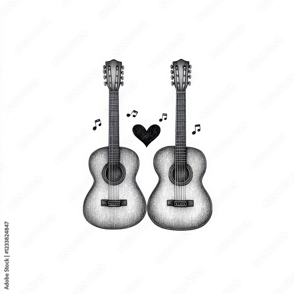 Naklejka premium Two Acoustic Guitars with Musical Notes and Heart