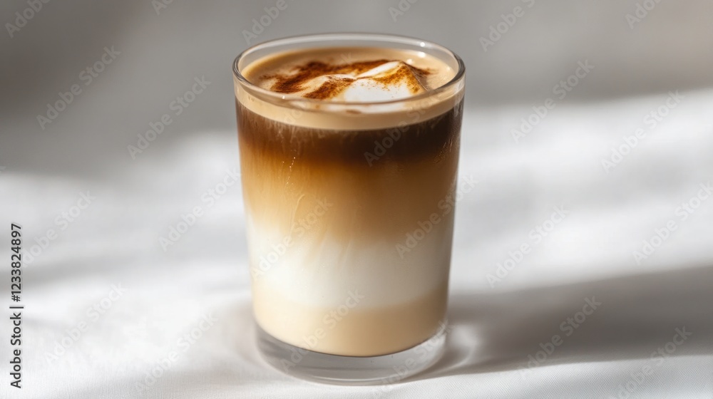 A beautifully layered iced latte in a glass cup, perfectly positioned on a white background A beautifully layered iced latte in a glass cup, perfectly positioned on a white background