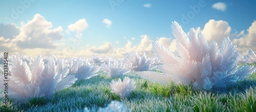 Fantasy landscape with lush white flowers against a bright blue sky and fluffy clouds Copy Space photo