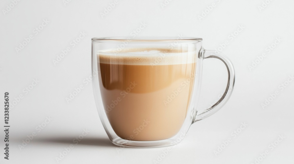 A classic flat white served in a modern transparent glass mug, isolated on white A classic flat white served in a modern transparent glass mug, isolated on white