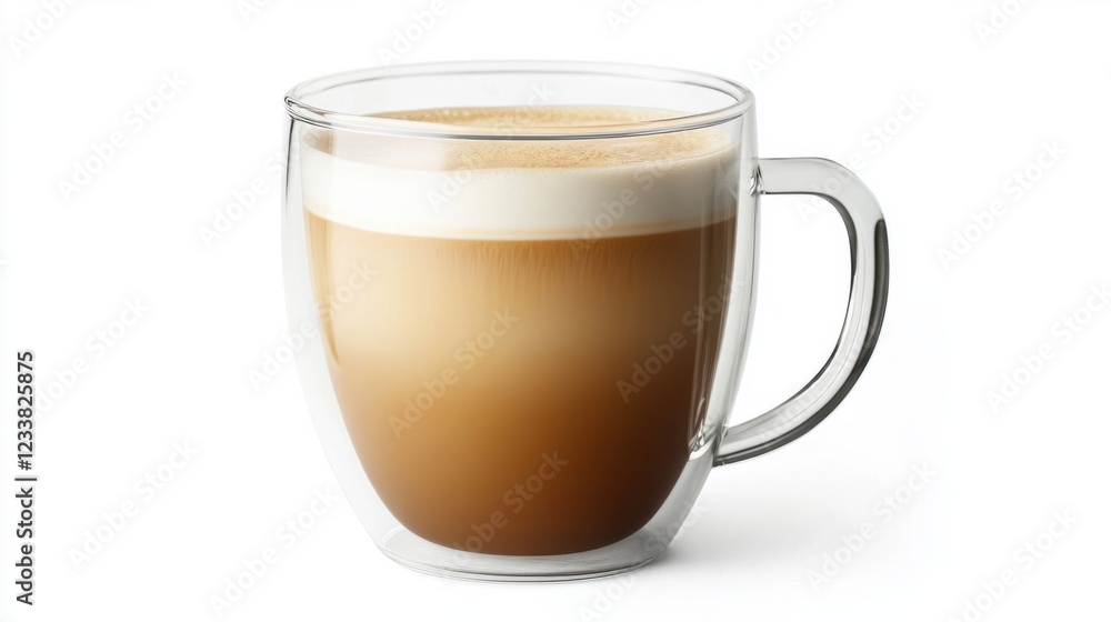 A classic flat white served in a modern transparent glass mug, isolated on white A classic flat white served in a modern transparent glass mug, isolated on white