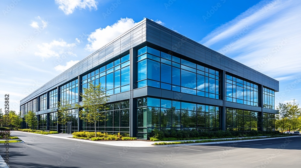Obraz premium Modern Corporate Building with Glass Facade Under Blue Sky and Clouds Reflecting in the Windows