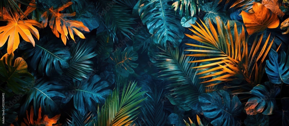 Tropical foliage background with dark tones featuring various palm leaves and plants ideal for design purposes Copy Space Tropical foliage background with dark tones featuring various palm leaves and plants ideal for design purposes Copy Space