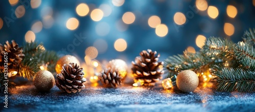 Christmas decoration with pine cones and ornaments on wooden surface with blurred glowing lights in the background Copy Space