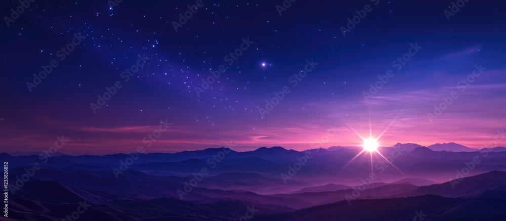 Twilight landscape with shining star and expansive empty space for text in a serene and colorful night sky setting Twilight landscape with shining star and expansive empty space for text in a serene and colorful night sky setting