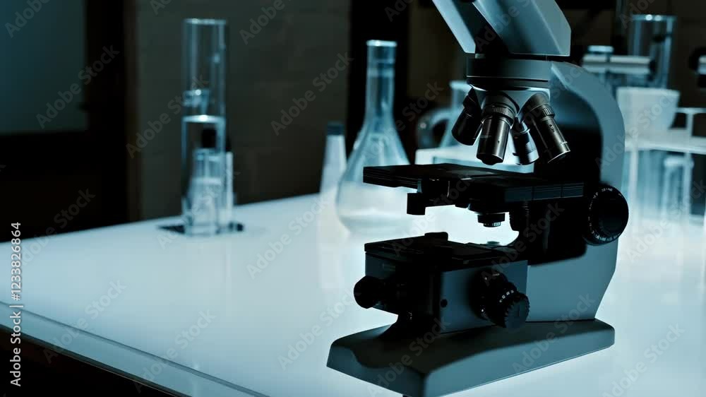 Microscope focus in laboratory setting with glassware and ambient lighting Microscope focus in laboratory setting with glassware and ambient lighting