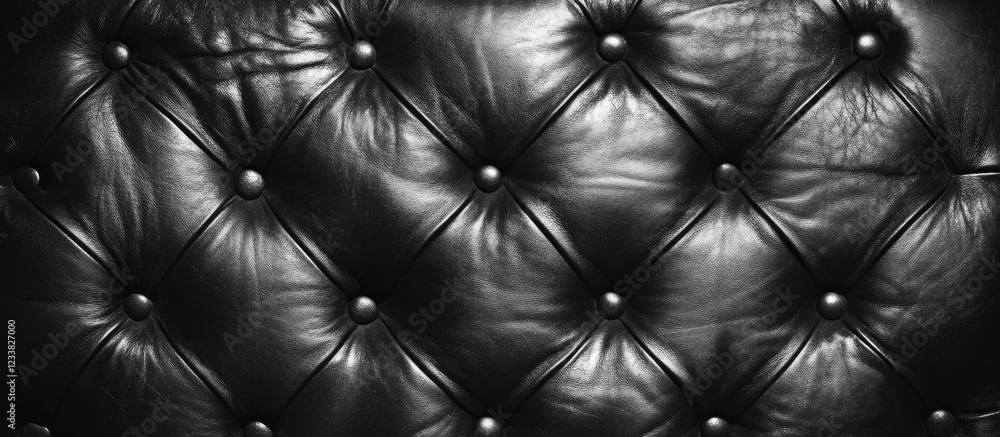 Fototapeta premium Black Leather Upholstery Texture with Tufted Button Detail in Low Light
