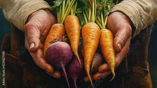 Farmer's hands holding harvested carrots and beets in garden