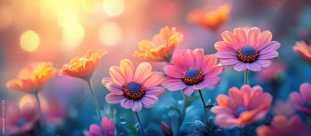 Colorful blooming daisies in a soft-focus garden with warm sunlight and vibrant floral background Copy Space Colorful blooming daisies in a soft-focus garden with warm sunlight and vibrant floral background Copy Space