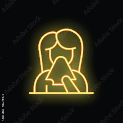 Neon light icon of a woman blowing her nose in a tissue paper