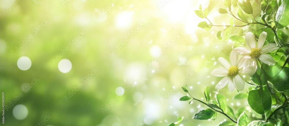 Fototapeta premium Abstract floral background with light green bokeh effect and delicate white flowers on branches with copy space for text