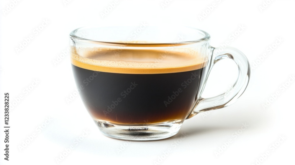 A close-up of a glass coffee cup with hot, rich espresso, perfectly isolated on white A close-up of a glass coffee cup with hot, rich espresso, perfectly isolated on white