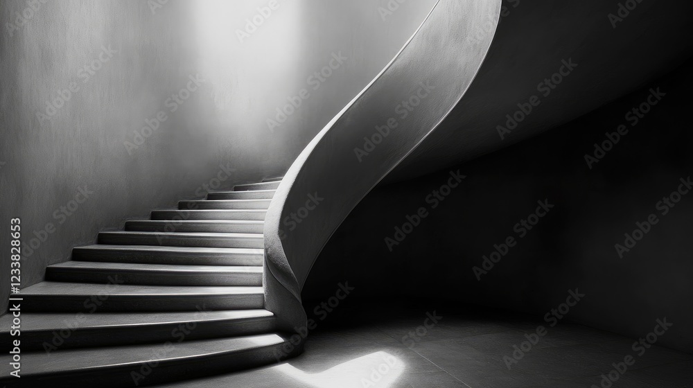 Obraz premium Curved staircase in a minimalist interior design symbolizing progress and new beginnings in monochrome tones.