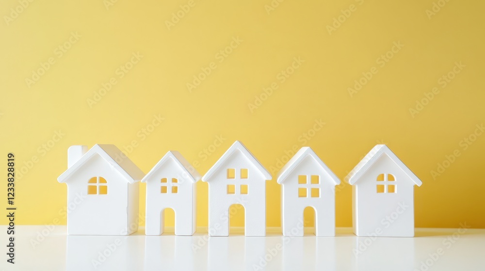 Charming model houses placed on a white surface against a bright yellow minimal background, featuring ample copy space for text. Charming model houses placed on a white surface against a bright yellow minimal background, featuring ample copy space for text.
