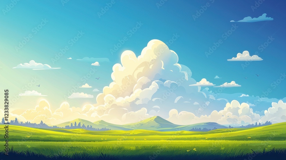 Fototapeta premium Serene Landscape With Rolling Hills And Fluffy Clouds