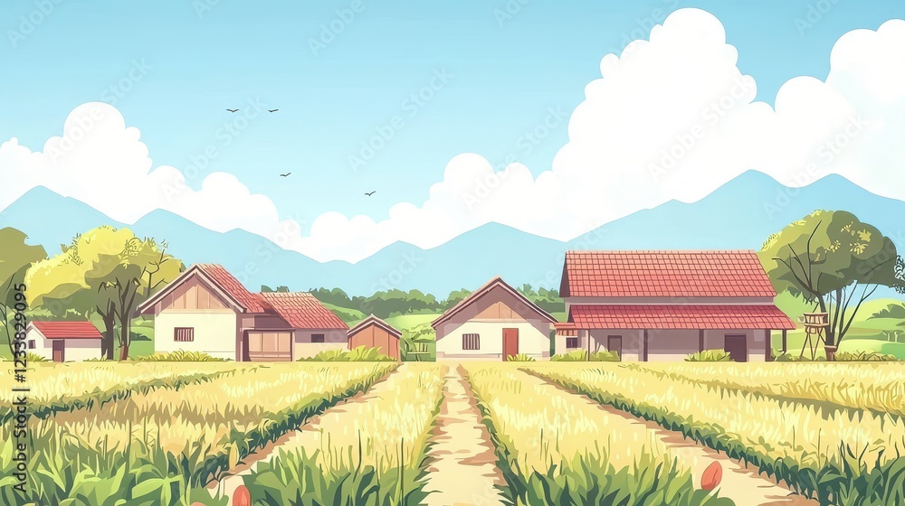 Obraz premium Idyllic Rural Village Scene With Golden Rice Fields And Mountains