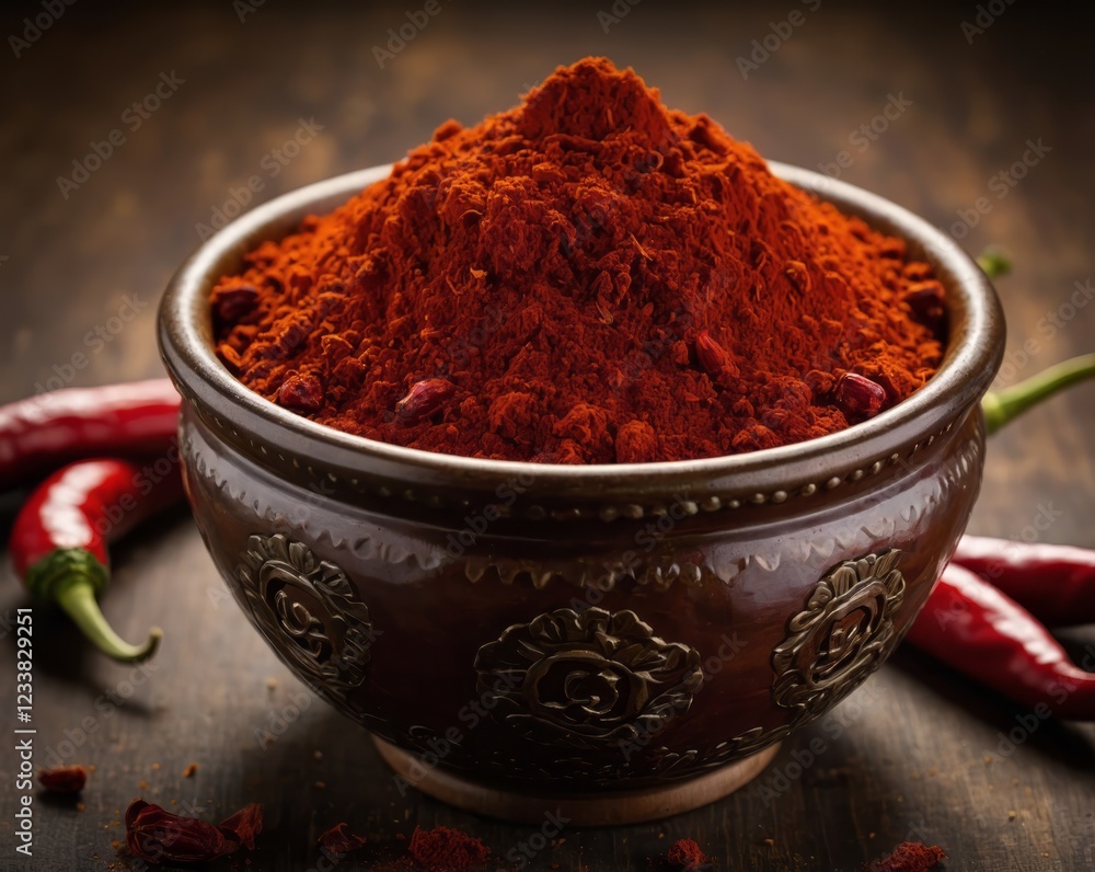 Traditional red chili powder with whole red chilies, captured in an ethnic setting. The vibrant color and rich texture highlight the essence of Indian spices and culinary heritage. Traditional red chili powder with whole red chilies, captured in an ethnic setting. The vibrant color and rich texture highlight the essence of Indian spices and culinary heritage.