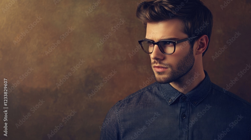 Fototapeta premium Stylish man in vintage shirt and browline glasses posing with empty copyspace for text on a textured background
