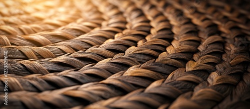 Close-up of intricately woven natural fibers with warm lighting and textured patterns in a circular arrangement Copy Space