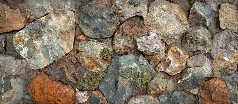 Weathered stone wall texture with colorful stones and patches of moss