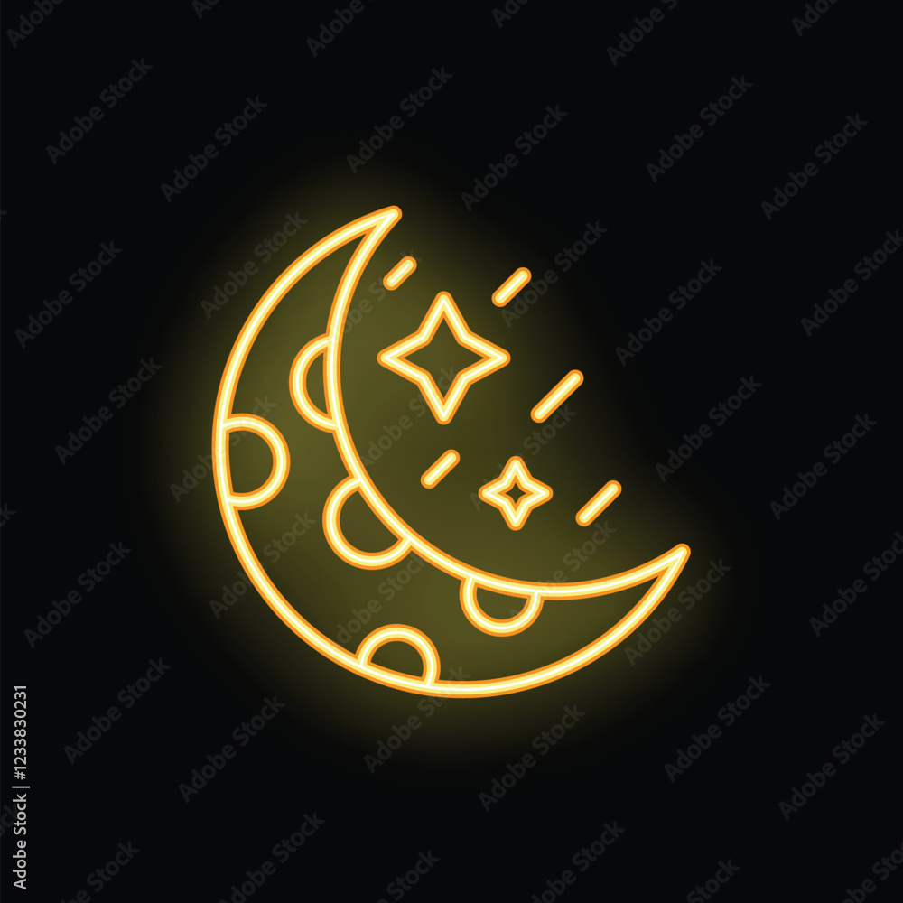 Neon yellow moon with craters is surrounded by shining stars on a black background Neon yellow moon with craters is surrounded by shining stars on a black background