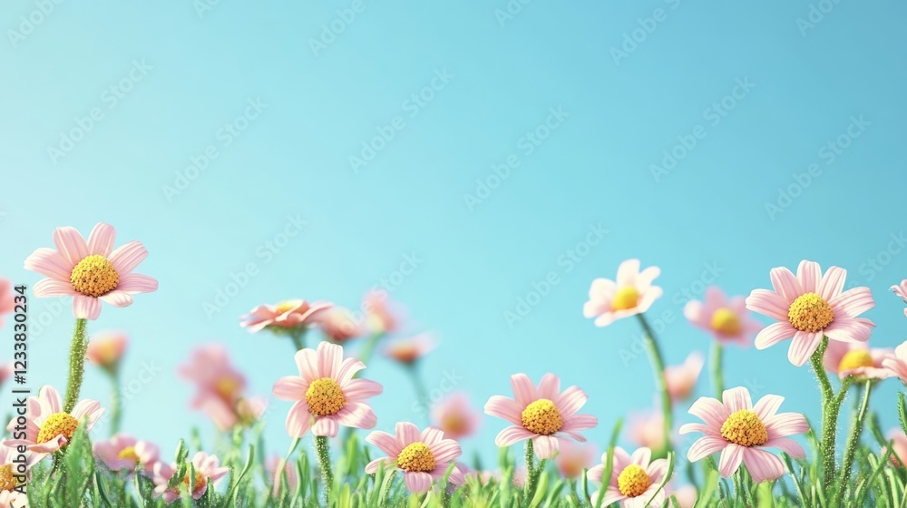 Vibrant Tanacetum flowers blooming in a lush garden with clear blue sky and ample copyspace for promotional text or messages. Vibrant Tanacetum flowers blooming in a lush garden with clear blue sky and ample copyspace for promotional text or messages.