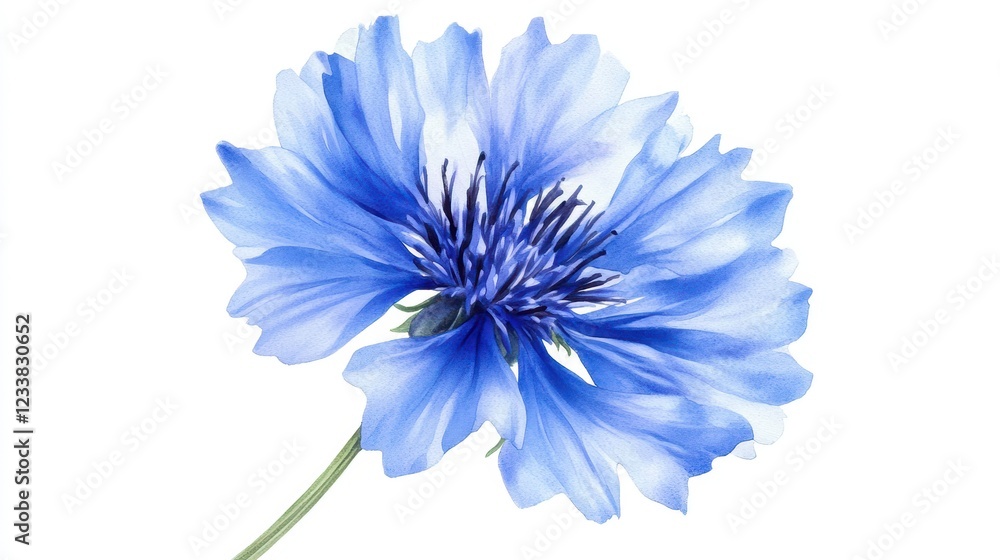 Obraz premium Delicate blue watercolor illustration of a cornflower knapweed (Centaurea) blooming against a white background.