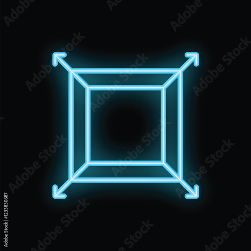 Blue neon cube expanding with arrows on black background representing concept of growth