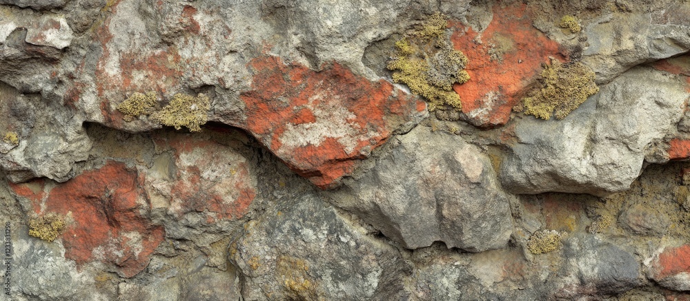 Weathered stone wall with moss and lichen textures Weathered stone wall with moss and lichen textures