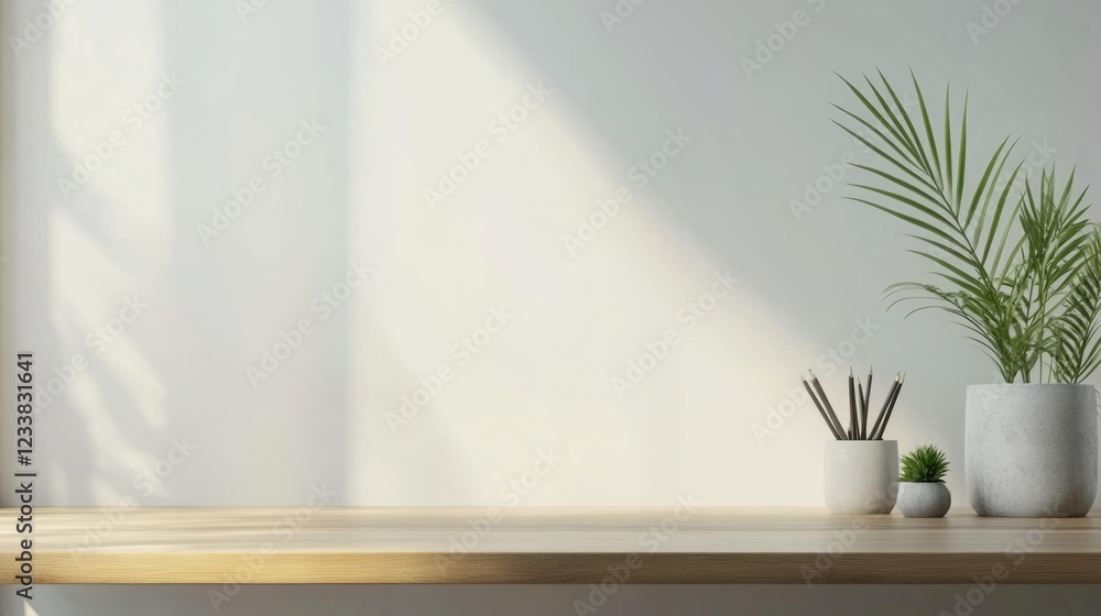 Fototapeta premium Modern minimalist home office featuring a wooden desk with decor elements and ample copyspace for promotional content or personal messages