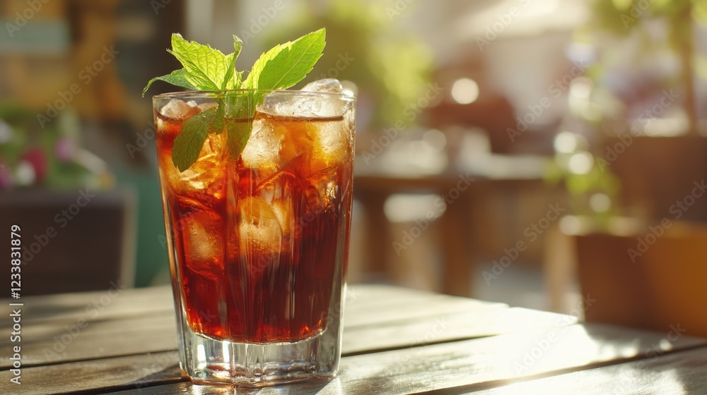 Iced tea with mint garnish in sunlight on wooden table outdoors, shallow depth of field, copy space Iced tea with mint garnish in sunlight on wooden table outdoors, shallow depth of field, copy space