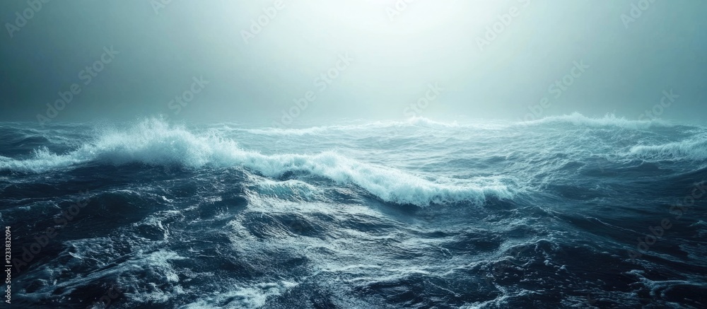 Fototapeta premium Majestic ocean waves rolling in over a serene rocky shoreline with ample blank space ideal for overlaying text or graphics.