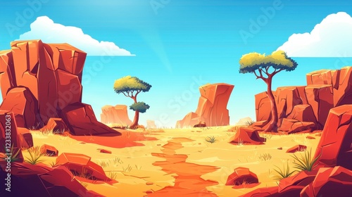 Sunny Desert Landscape With Red Rocks And Trees