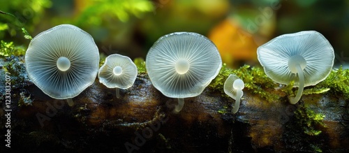 Mushroom cluster on a log with white caps and gills surrounded by green moss copy space photo