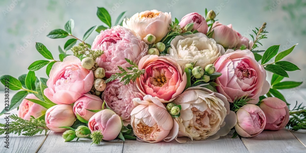 Delicate pink peonies and roses intertwined in a lush floral arrangement Delicate pink peonies and roses intertwined in a lush floral arrangement