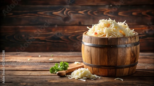 Fresh sauerkraut fermenting in a traditional wooden barrel ,  fermentation, cabbage, healthy, probiotics, natural, food, organic photo