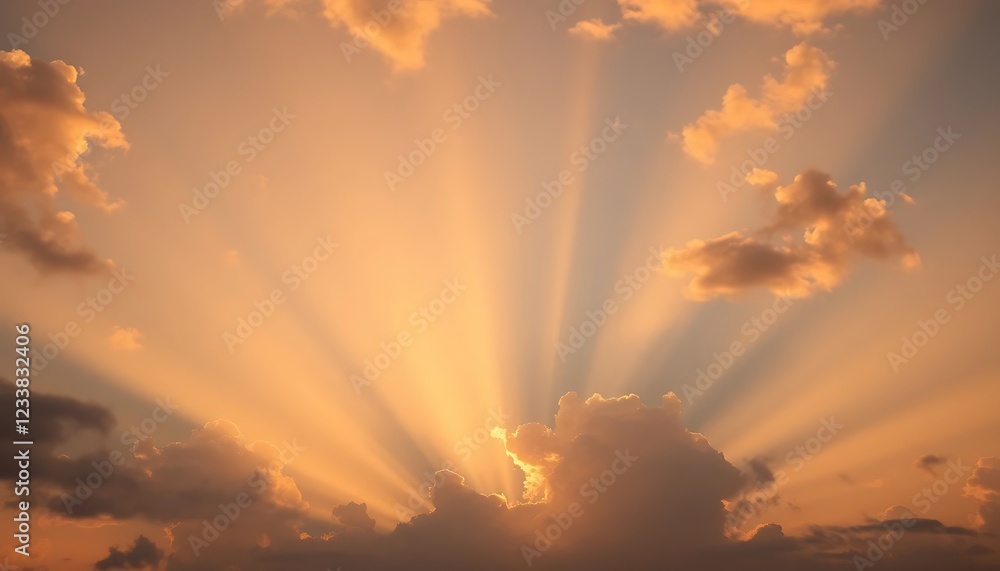 Fototapeta premium Golden Hour Sunset: Radiant Sunbeams Pierce Cloudscape