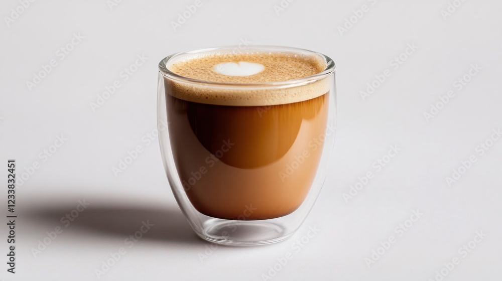 A double-walled glass cup of coffee with a foamy top, resting on a minimal white background A double-walled glass cup of coffee with a foamy top, resting on a minimal white background