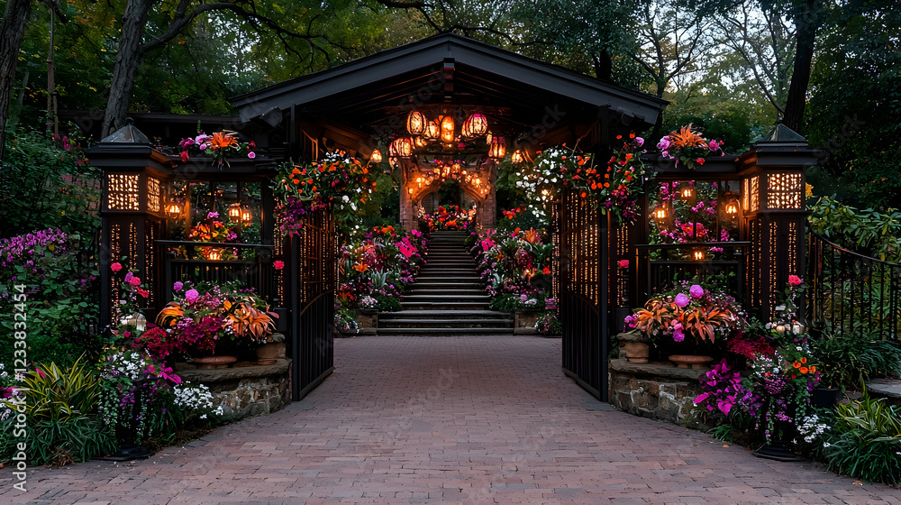 Fototapeta premium Illuminated garden entrance, autumn floral display, hillside setting, wedding venue