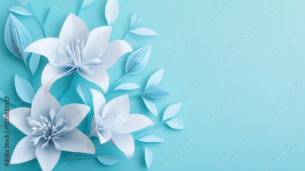 Elegant paper cut flowers in white and blue create a delicate springtime arrangement against a light teal background. Elegant paper cut flowers in white and blue create a delicate springtime arrangement against a light teal background.