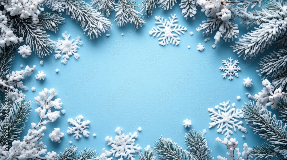 Winter themed flat lay featuring a light blue background adorned with snowflakes and frosted evergreen branches. Winter themed flat lay featuring a light blue background adorned with snowflakes and frosted evergreen branches.