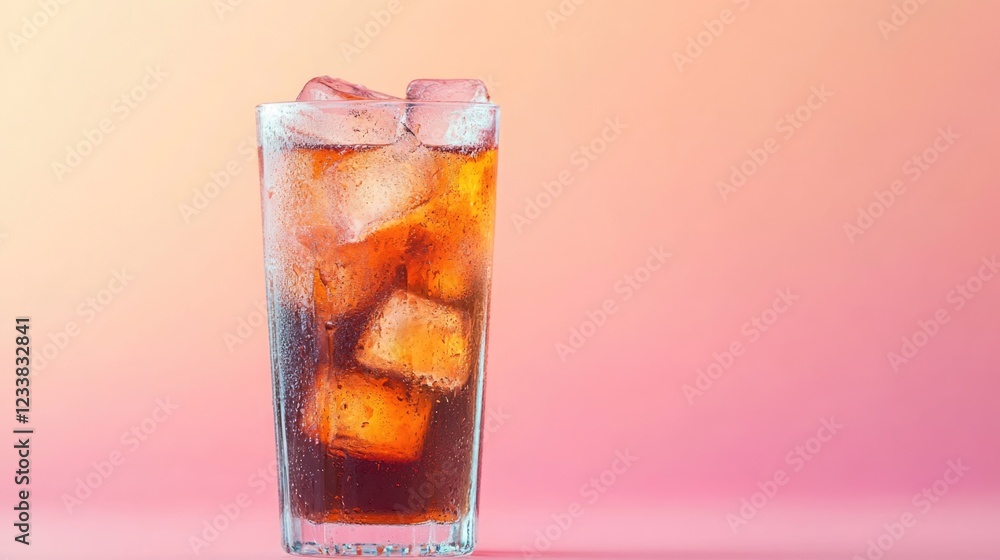 Refreshing glass of iced beverage with ice cubes on gradient background ideal for summer promotions and marketing copy space. Refreshing glass of iced beverage with ice cubes on gradient background ideal for summer promotions and marketing copy space.